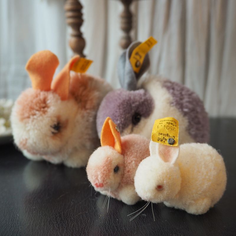 シュタイフ社レアなポンポンうさぎ／ピンク&オレンジ100%ウール jouet