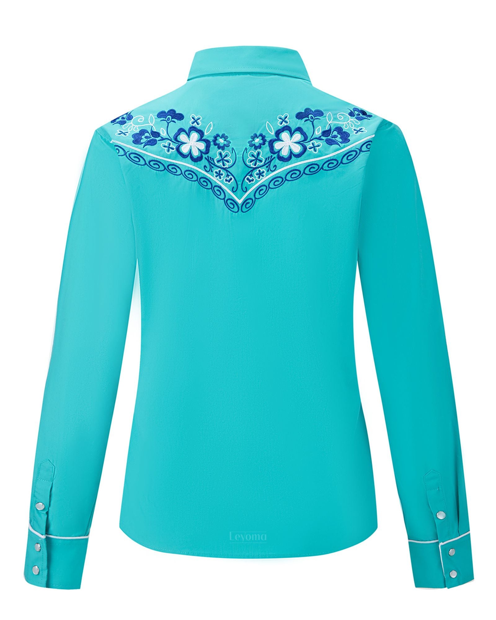 Women's Blue Western Floral Embroidered Pearl Snap Long Sleeve