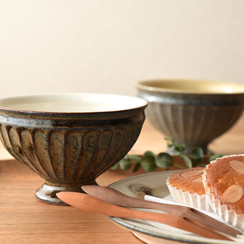 飴釉しのぎ カフェオレボウル【陶器】／十河 隆史(T-POTTERY)｜手