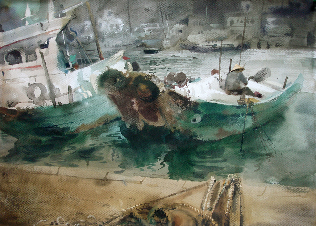 漁船| 作者/ 葉上達. 媒材/ 水彩. 尺寸/ 4k | 上達葉| Flickr