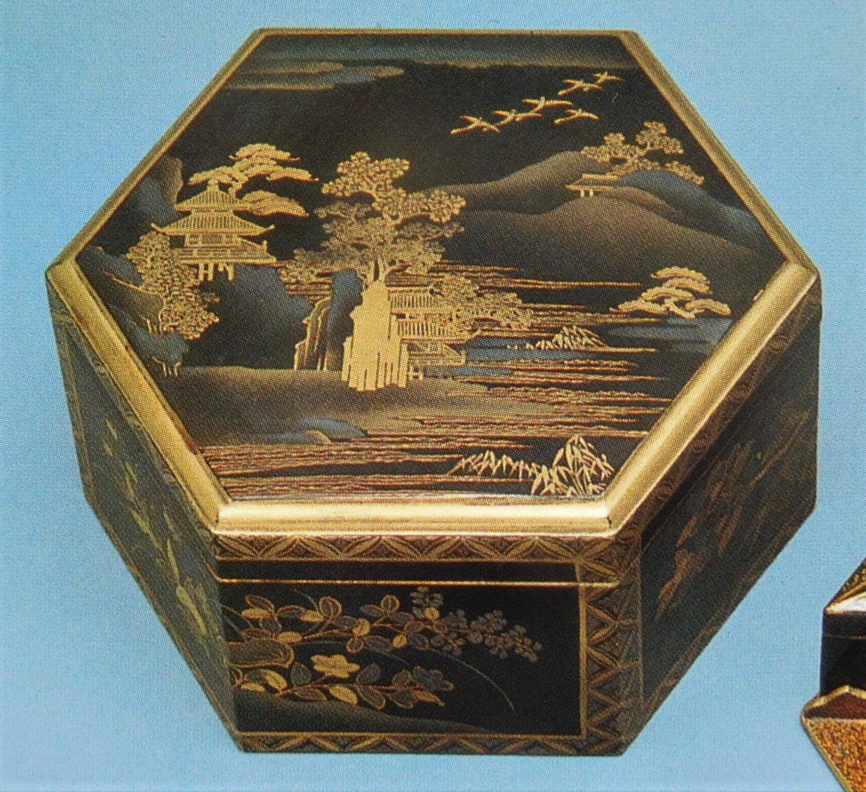 送料無料 旧家蔵出 江戸時代 螺鈿蒔絵山水楼閣文4重箱 合箱 送料無料