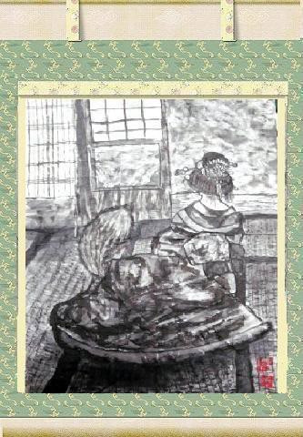 水墨画狸・秦野市・宮永岳彦記念美術館水墨画の展示会で狸画を出品