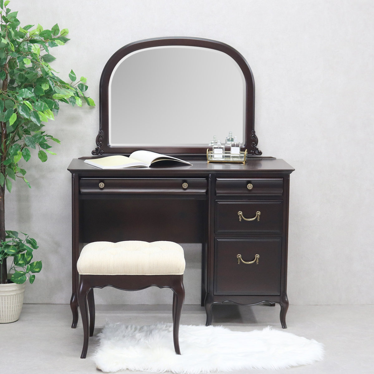ドレッサーデスク 幅100cm 3点セット ミラーナ 木製 猫脚 （ スツール