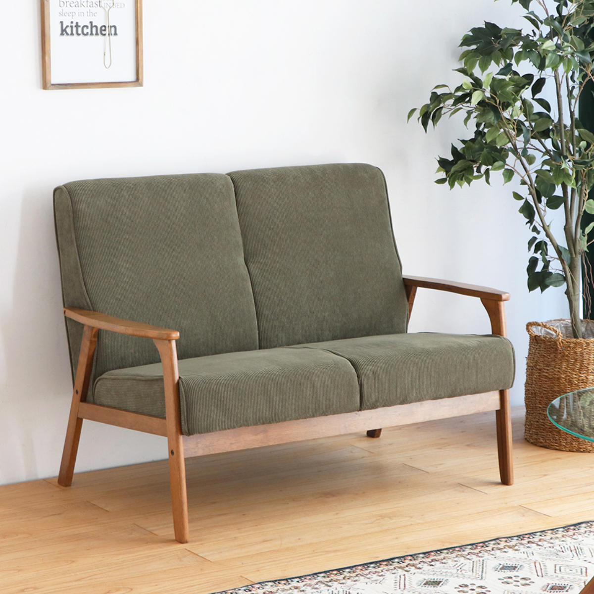 ソファ 2人掛け 天然木肘付き コーデュロイ カントリー調 幅116cm