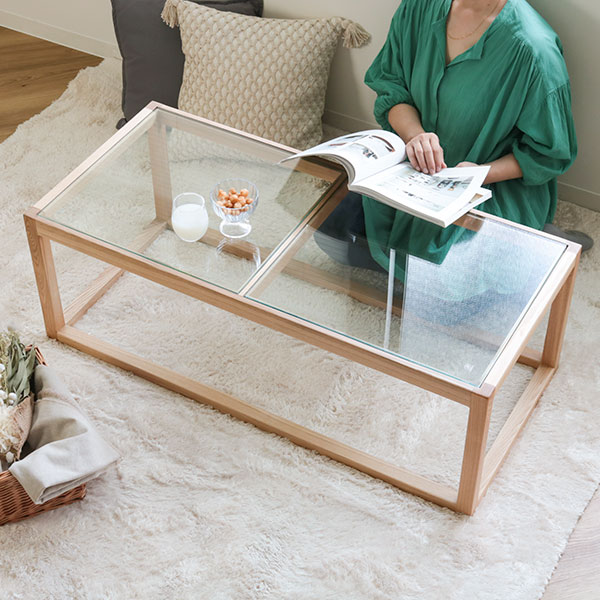 センターテーブル 幅110cm ガラステーブル ガラス天板 木製 天然木