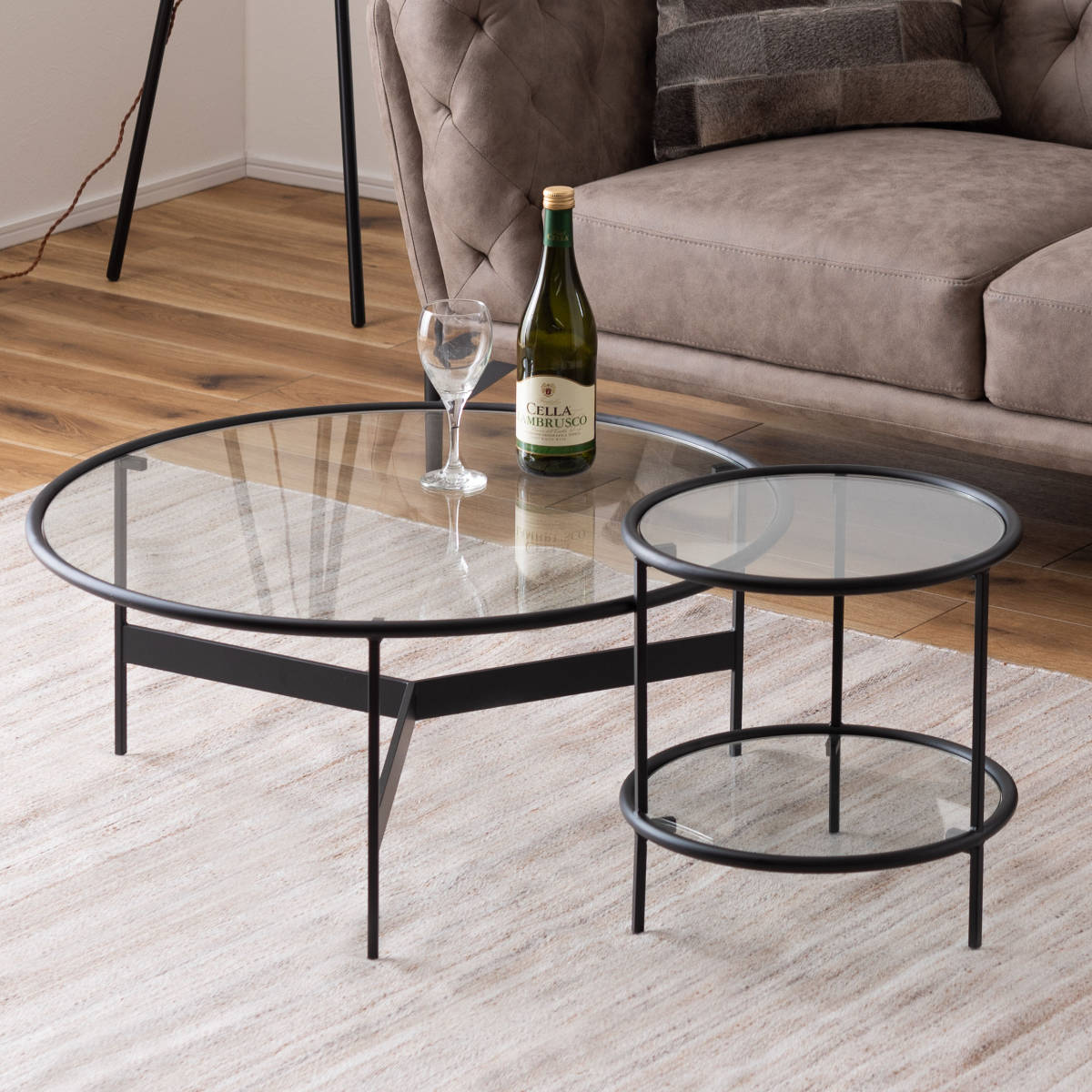 サイドテーブル 円型 高さ38.5cm 2段 ラウンドガラステーブル2D