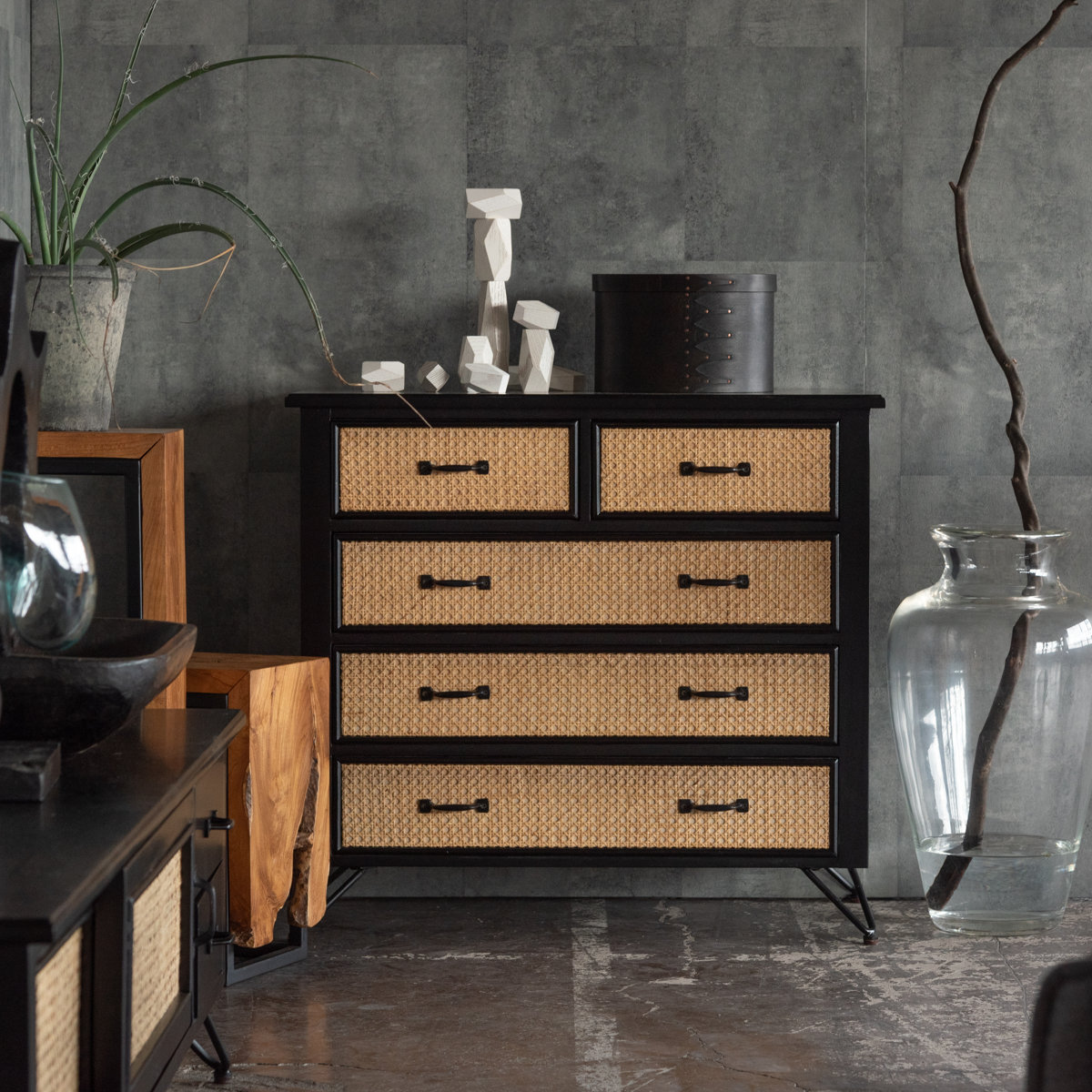 チェスト 4段5杯 エスニック調 ラタン張り 幅80cm （ 収納 引出し 家具