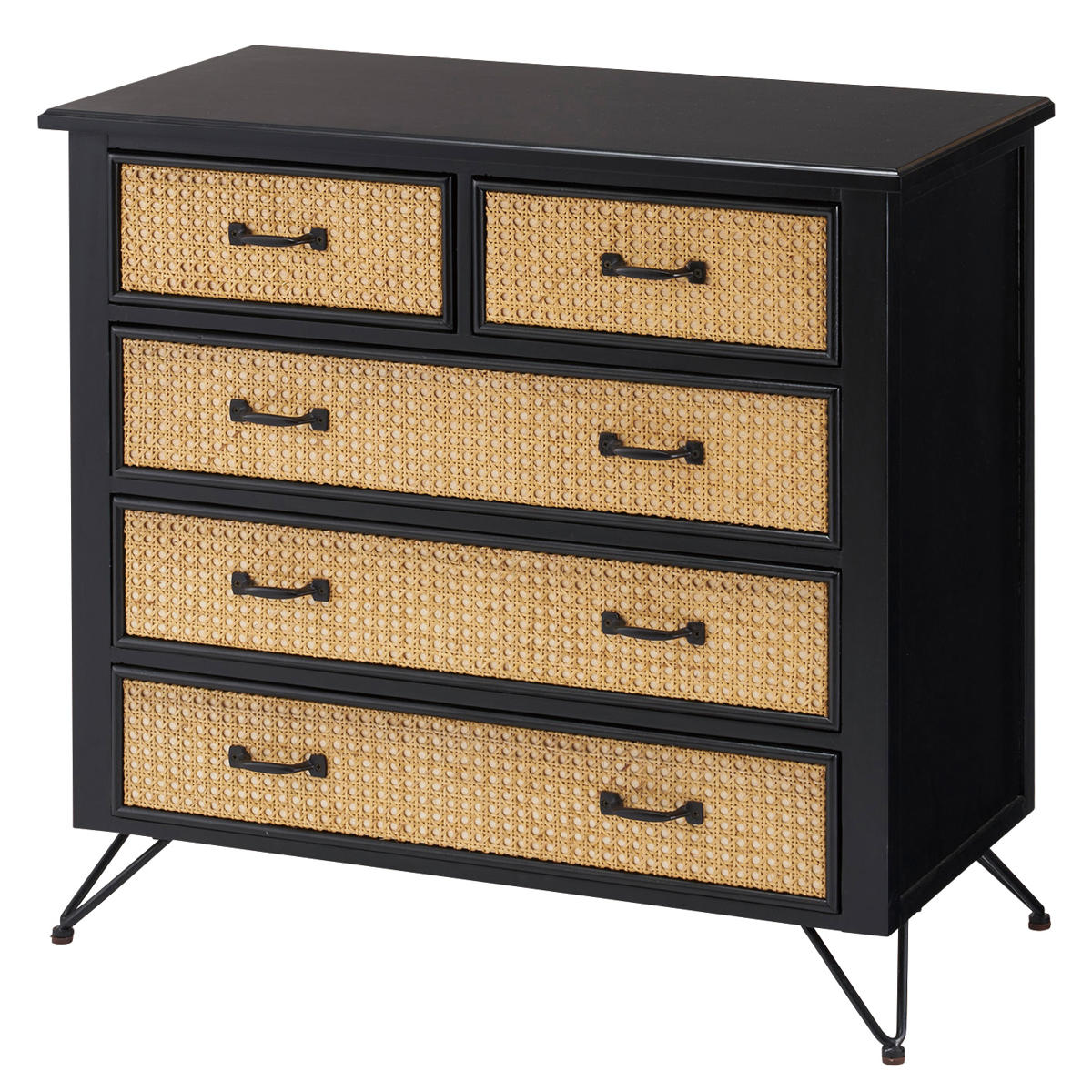 チェスト 4段5杯 エスニック調 ラタン張り 幅80cm （ 収納 引出し 家具