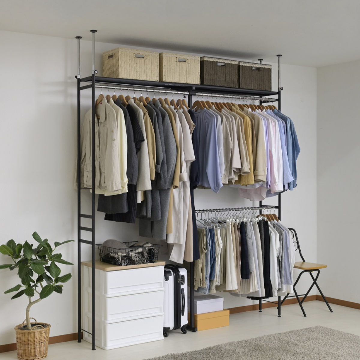 突っ張り ハンガーラック ハイタイプ ワイド 幅111～200cm 奥行30cm