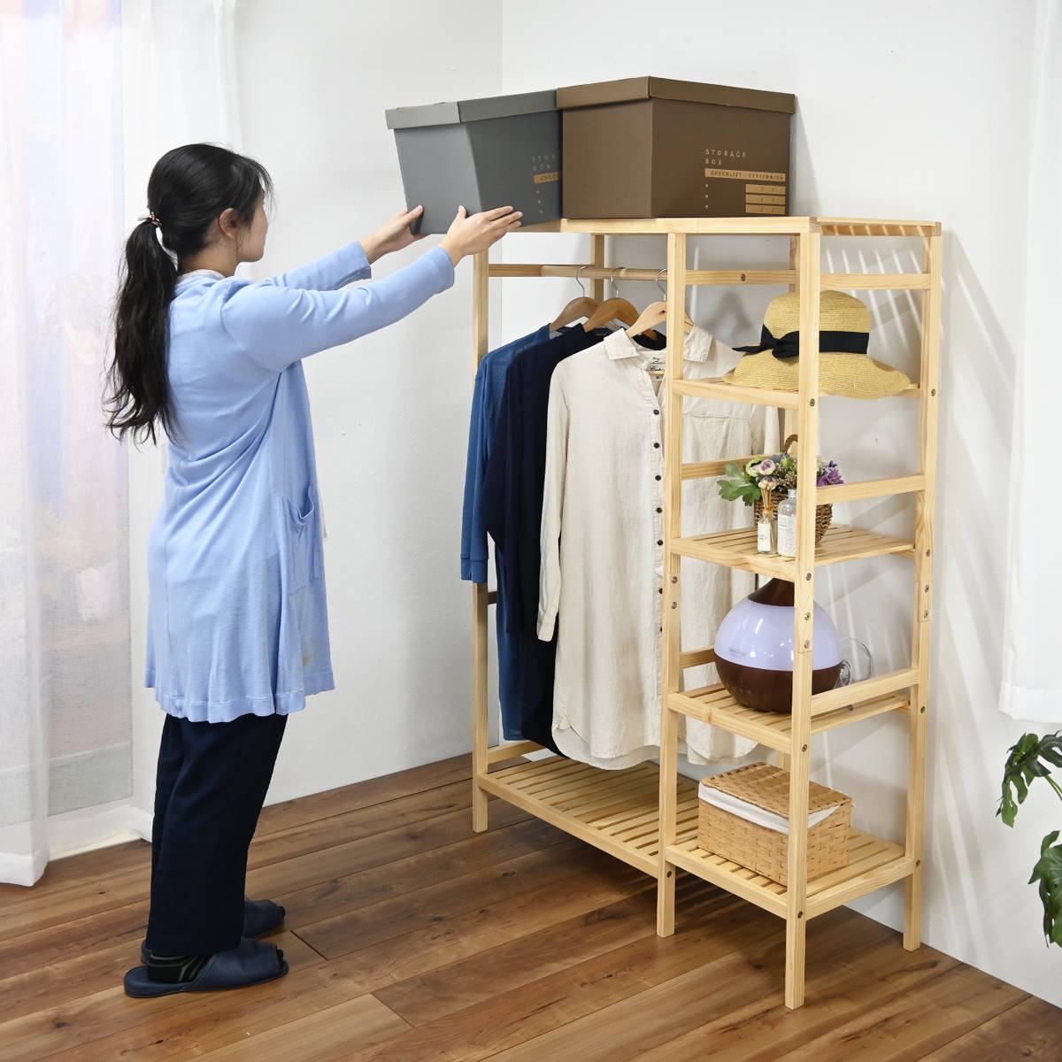 ハンガーラック 4段棚付 天然木フレーム 約幅97cm （ ハンガー ラック
