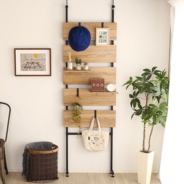 突っ張り 幅60cm ラダーラック 木目調 つっぱり 収納 スチール