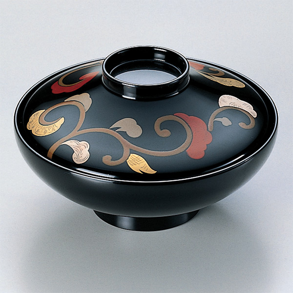 煮物椀 木製 平富士 色唐草 本漆塗 手書き 蒔絵 吸物椀 お椀 食器 漆塗