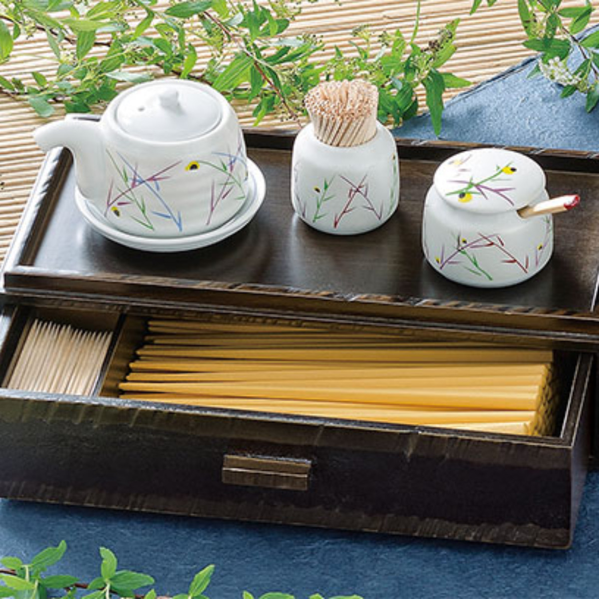 箸箱 木製 荒彫 カスター 引き出しタイプ よもぎ塗 楊枝入れ付き 業務