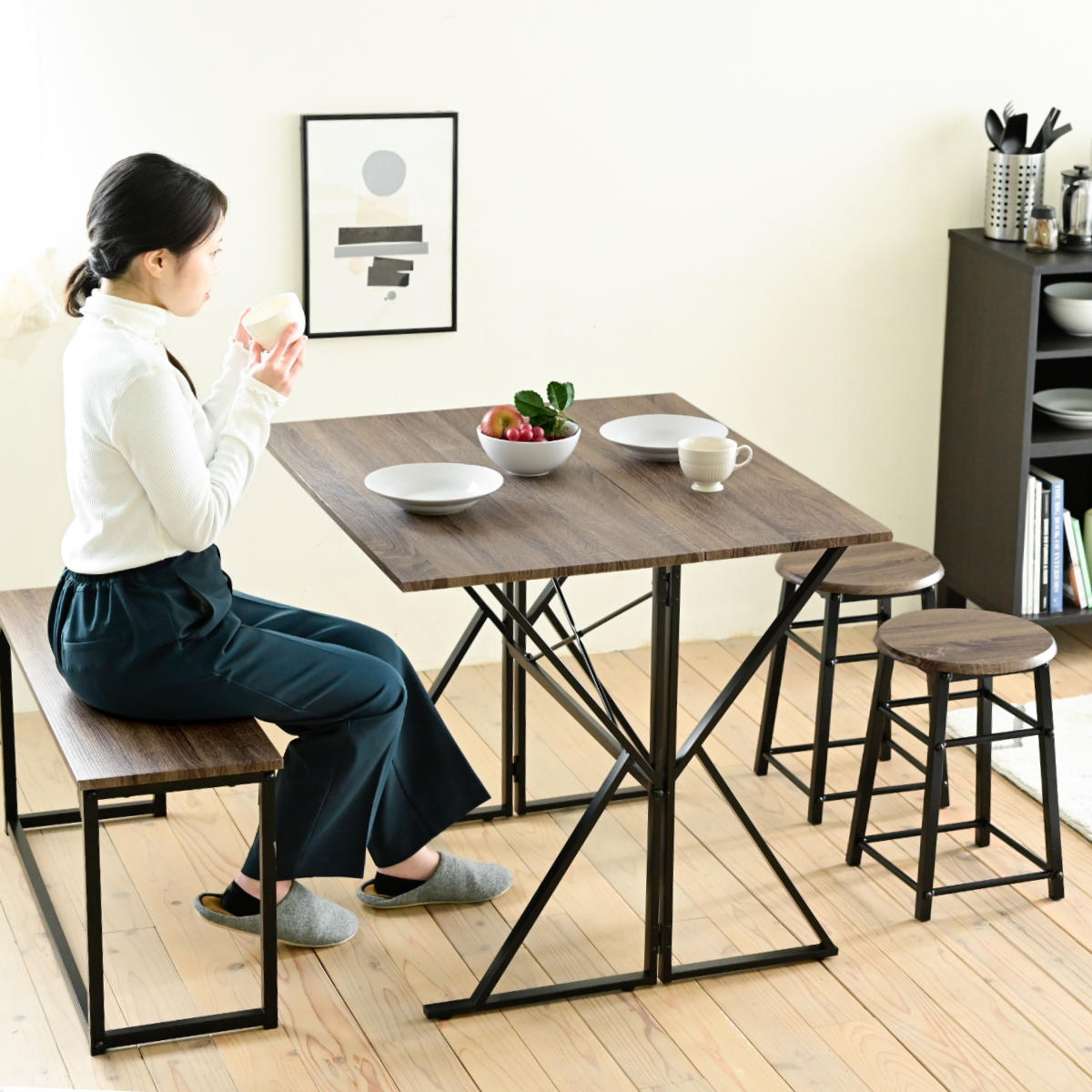 ダイニングセット 4人 ベンチ テーブル スツール2脚 2WAY （ 4点セット