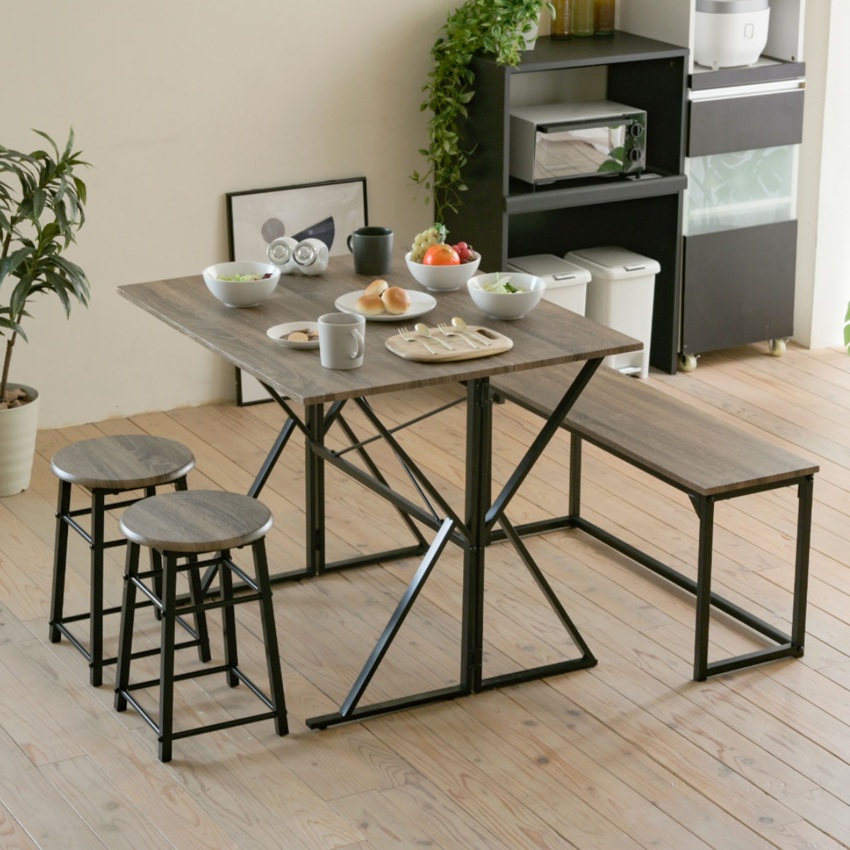 ダイニングセット 4人 ベンチ テーブル スツール2脚 2WAY （ 4点セット