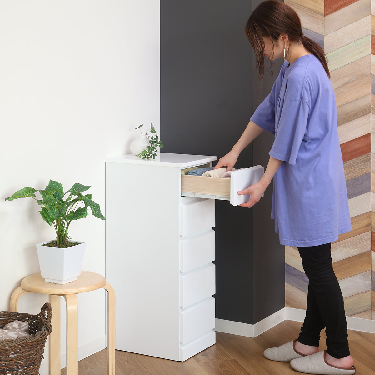 スリムチェスト 5段 鏡面仕上げ 幅30cm （ 収納 チェスト スリム 完成