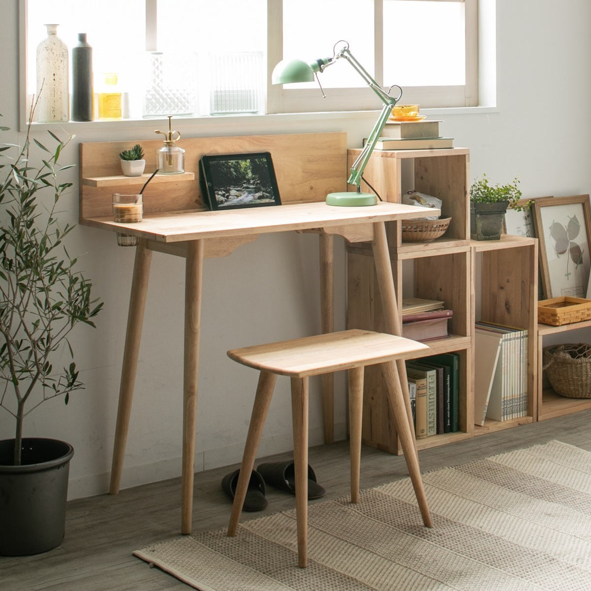 ワークデスク チェアセット ミニ棚板 ドリンクホルダー付 NATURAL