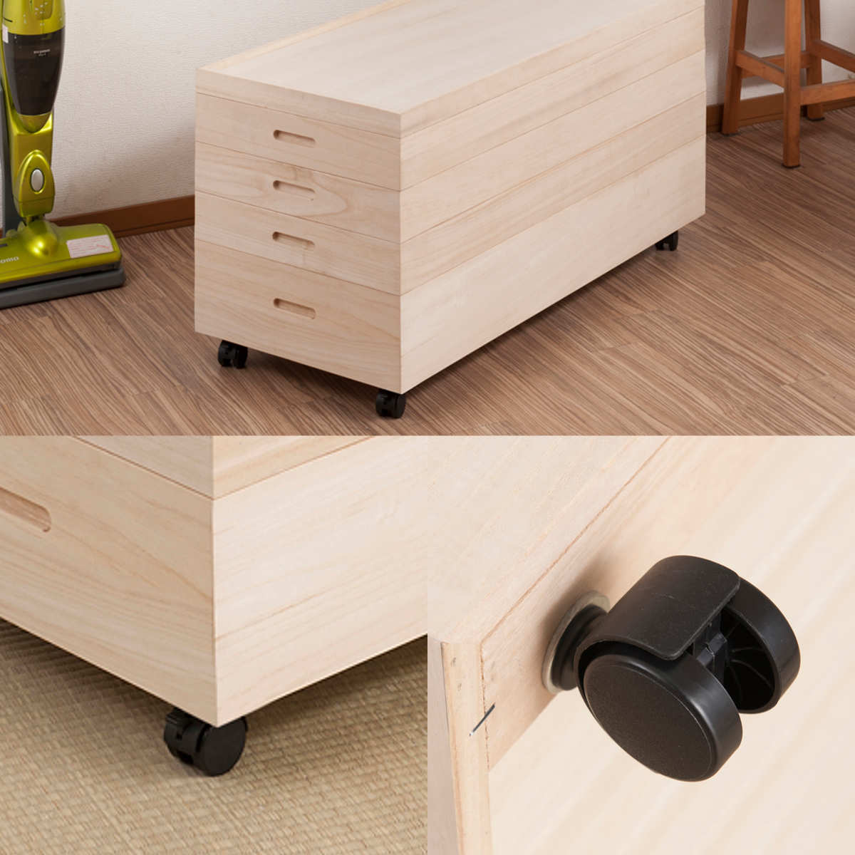 桐 衣装ケース 4段 衣装箱 キャスター付 隅金具なし 高さ46cm （ 完成