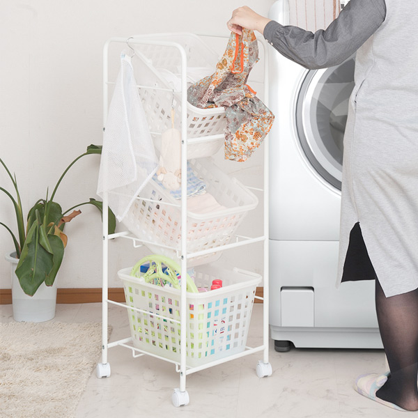 キャスター付き バスケットワゴン 3段 天板無し （ ランドリーワゴン