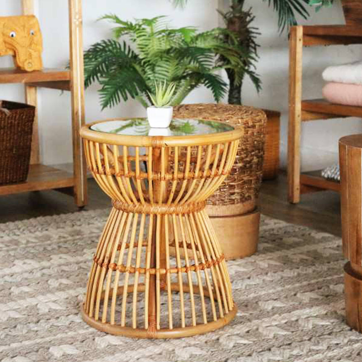 ローテーブル ガラス天板 ハワイアンリゾート風 ラタン製 Ohana 直径