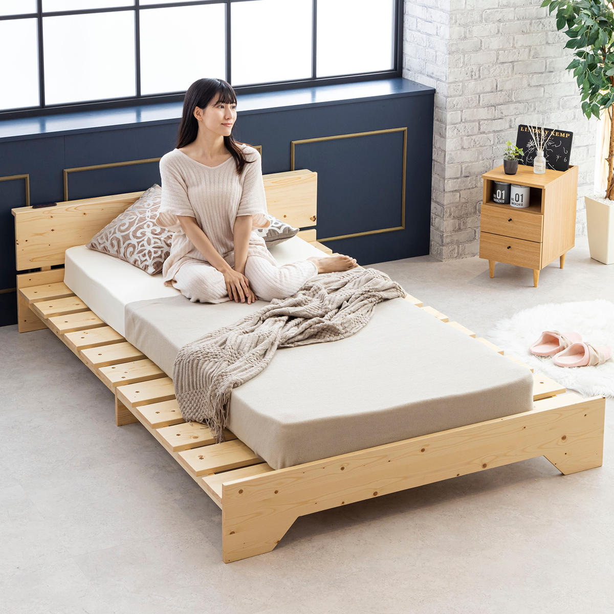 dショッピング |ベッド ダブル 宮棚付き ステージタイプ 天然木 並べて