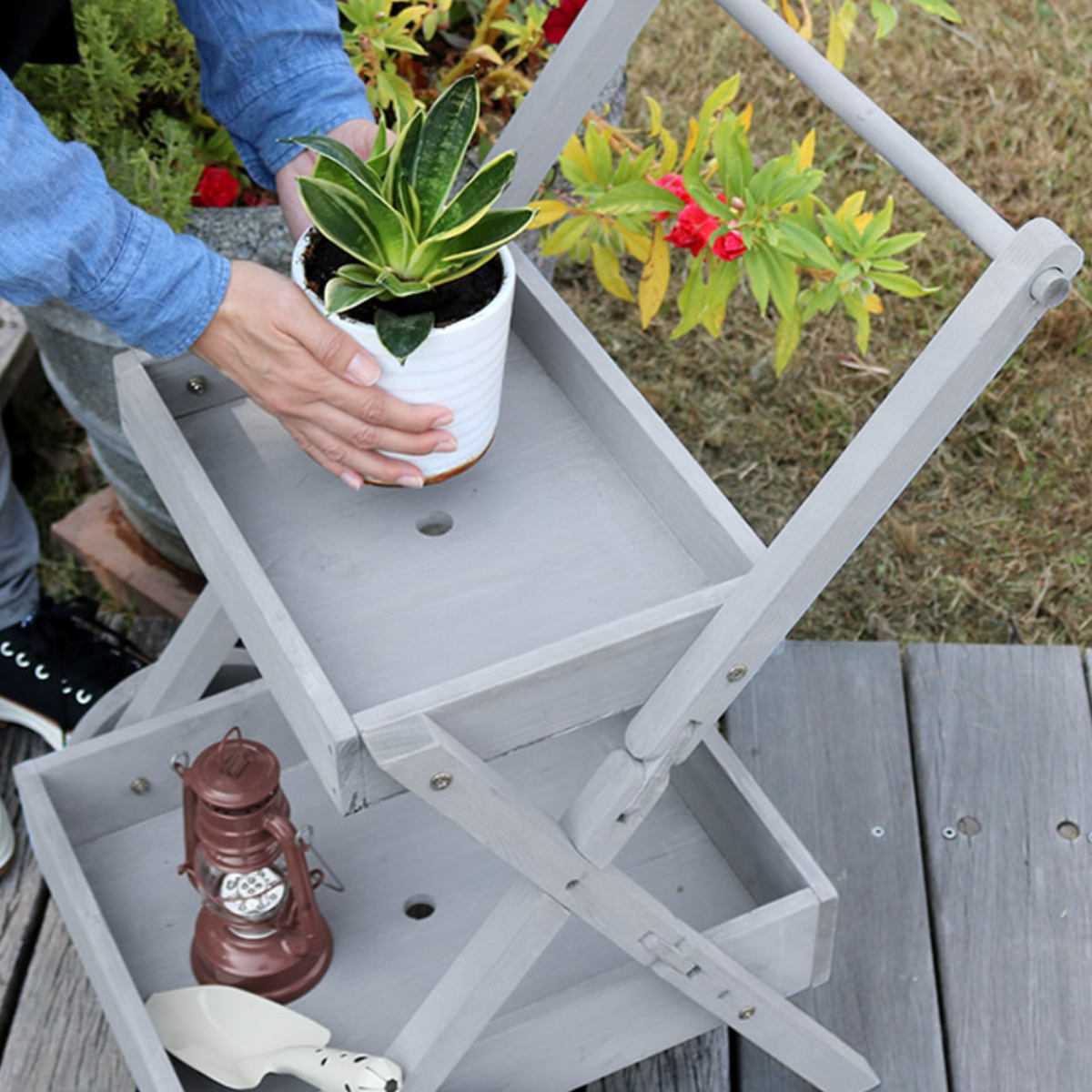 天然木製 ワゴン型 プランタースタンド （ フラワースタンド ワゴン