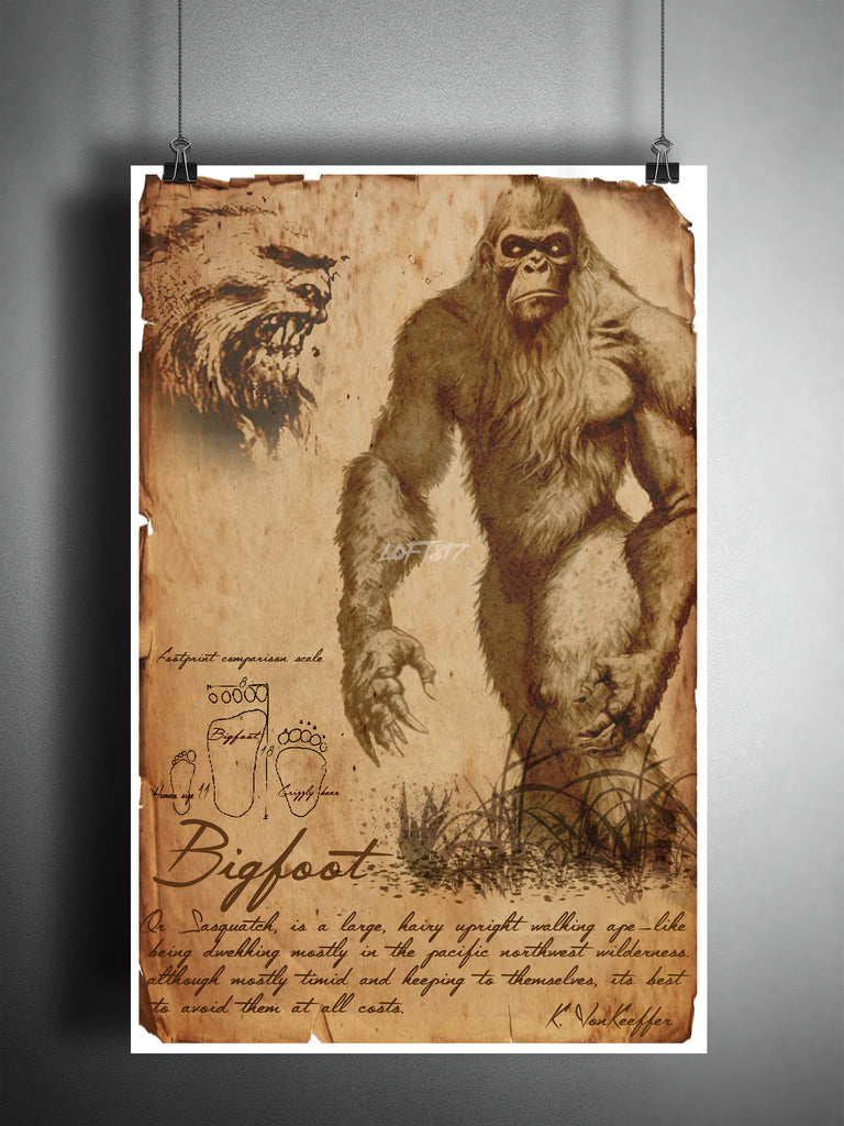 Bigfoot cryptid art, bestiary cryptozoology science journal art