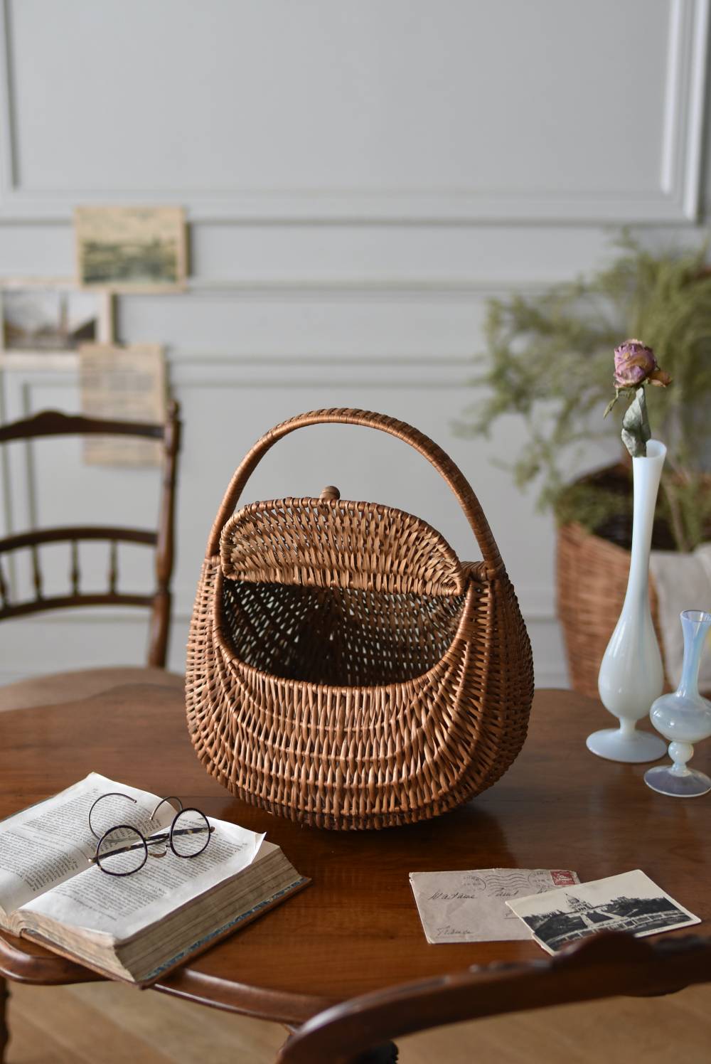 かごバッグ.蓋付き ヴィンテージ バスケット パニエ フランス