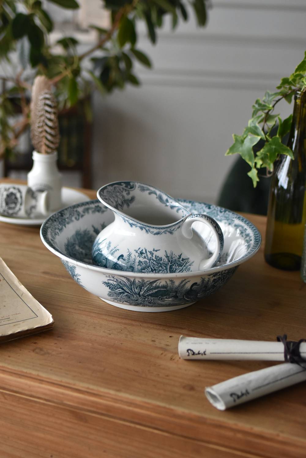 フランスアンティーク食器 ピシェ＆ボウルセット.CANARDS Sarreguemines