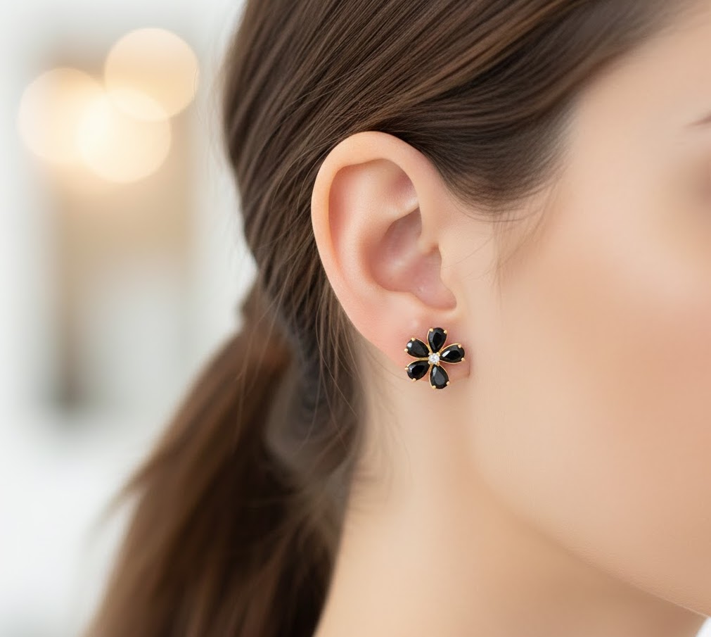 ブラックオニキス フラワーピアス – オーダーメイドジュエリーLORENTIA