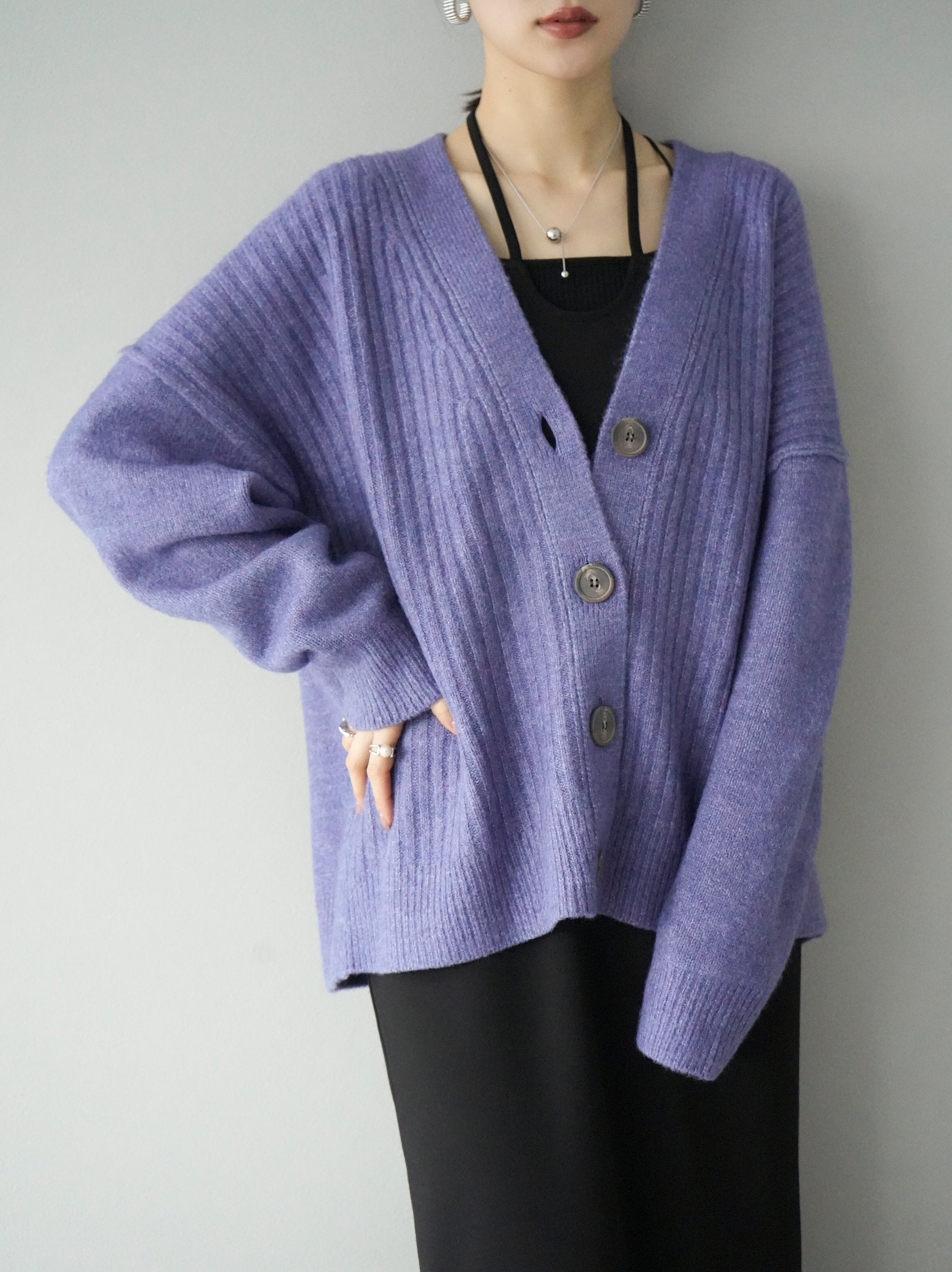 予約]ワイドリブニットカーディガン/パープル – Lumier