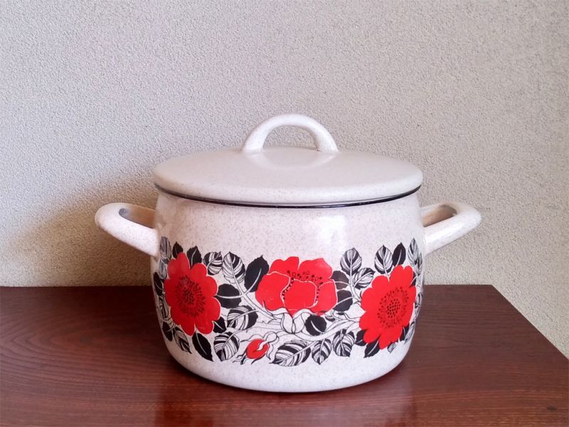 フィネル/FINEL/ホーロー両手鍋/ベージュ/花柄/中/北欧雑貨