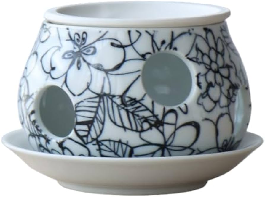 Amazon.co.jp: 茶香炉 アロマポット 陶器 有田焼 黒 花柄 アロマ 香炉