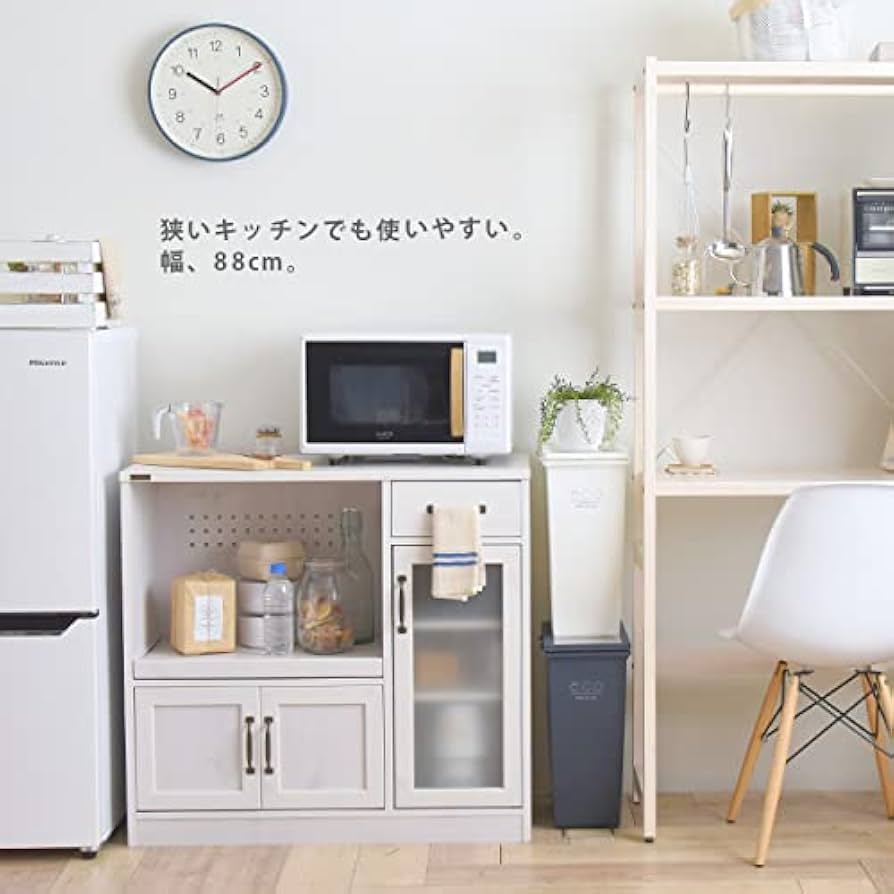 Amazon｜レンジ台 カップボード 食器棚 ホワイト キッチン家電収納