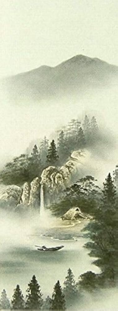 Amazon.co.jp: 小栗春峰『彩色山水』日本画 掛け軸 風景画 水墨画