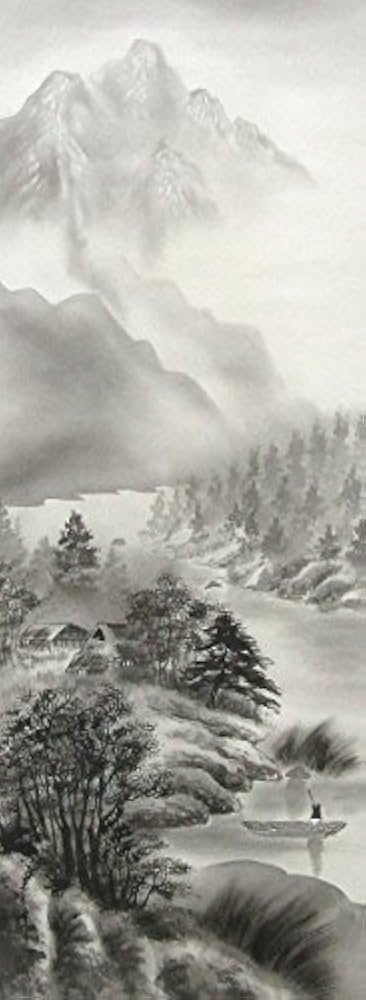Amazon.co.jp: 青峰『水墨山水』日本画 掛け軸 風景画 水墨画 山水画