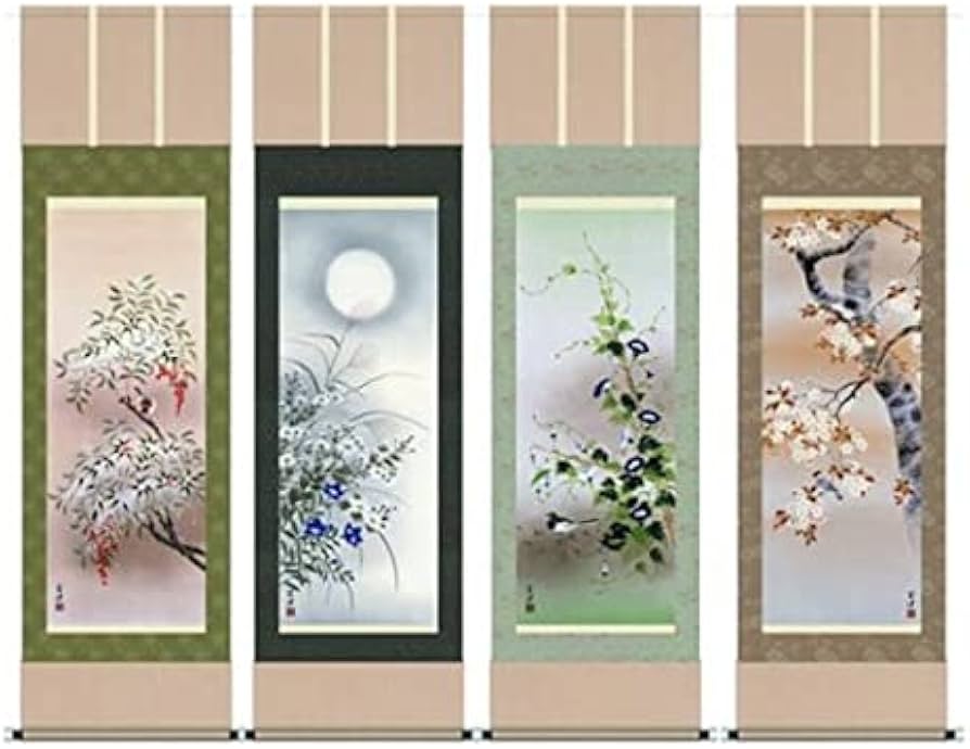 Amazon｜掛け軸／掛軸 近藤玄洋・四季花鳥（四幅揃え）（花鳥画掛け軸