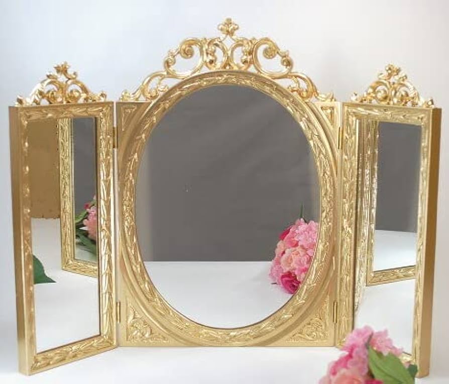Amazon｜三面鏡 ゴールド テーブルミラーアンティーク ロココ調 鏡