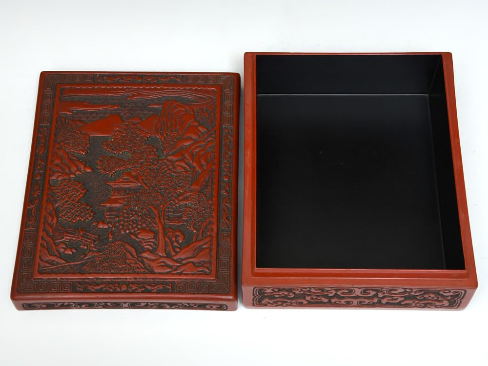 Amazon.co.jp: 仙台堆朱楼閣山水図硯箱彫漆木工芸漆工芸漆芸天然木漆器