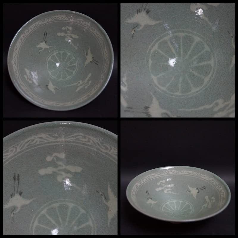 Amazon.co.jp: 韓国人間国宝柳海剛(柳根瀅)青磁象嵌雲鶴文茶碗共箱茶事