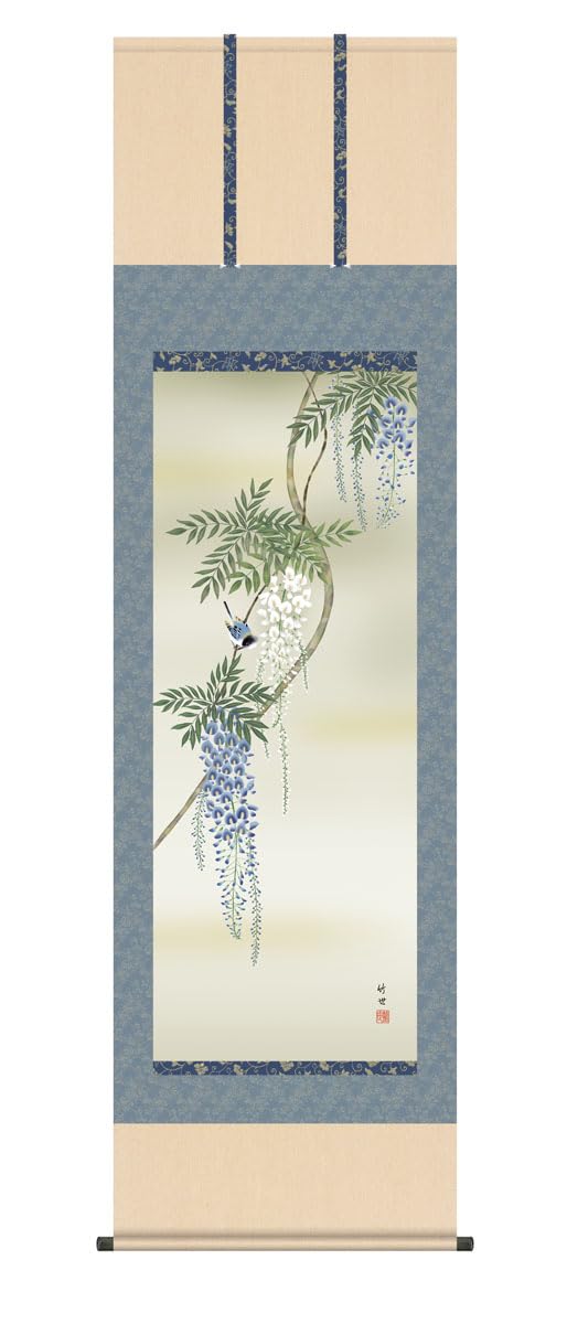 Amazon.co.jp: 掛軸 掛け軸 「藤花に小鳥」 田村竹世 尺五 桐箱 幅54.5