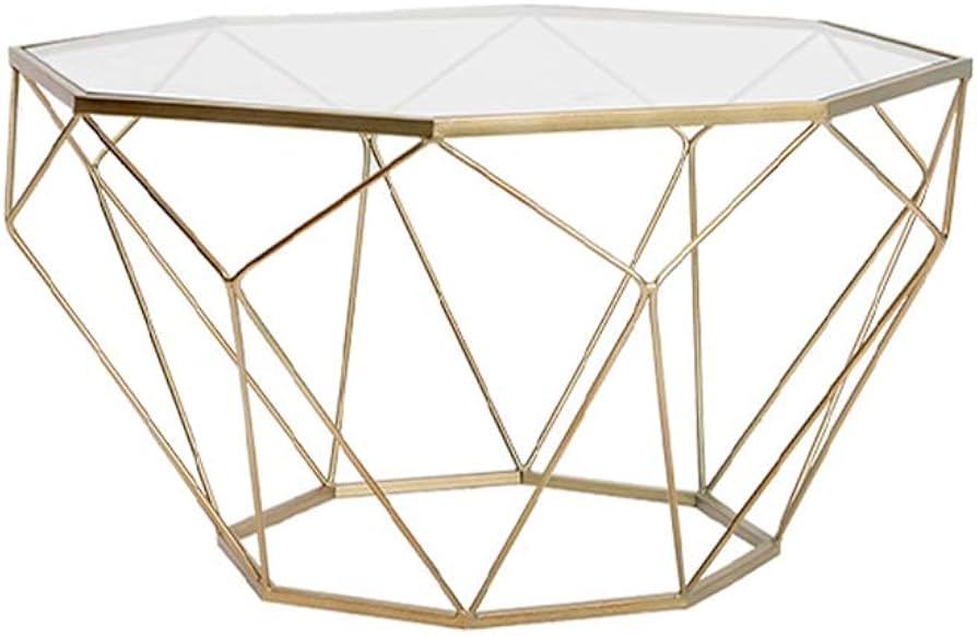 Amazon｜八角形の錬鉄製のコーヒーテーブル、透明な強化ガラス、家庭用
