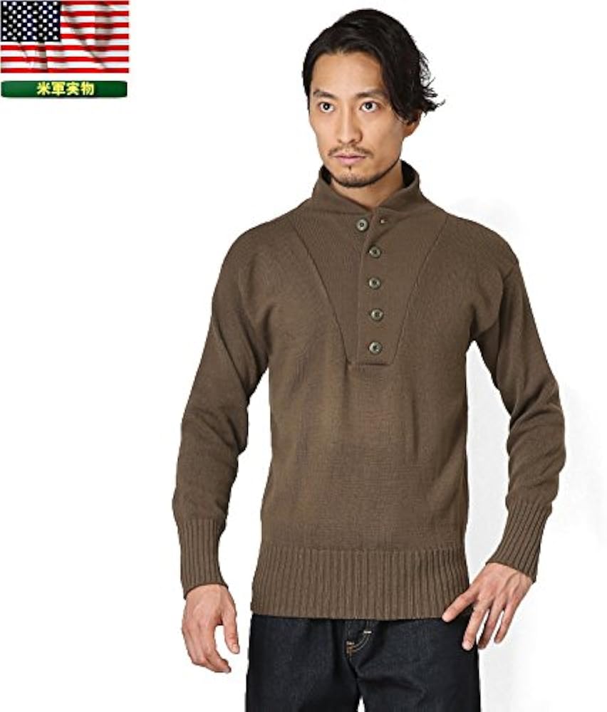 Amazon | 実物 米軍 5ボタンヘンリーネックセーター(M オリーブと