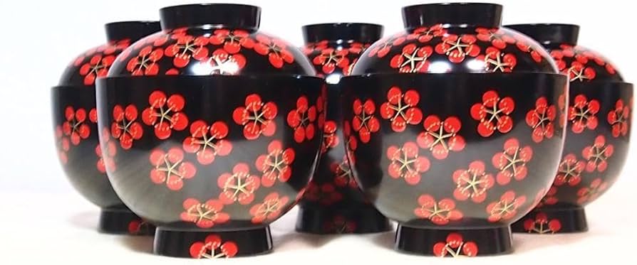 Amazon.co.jp: 京都 平安象彦 紅梅椀 5客 梅蒔絵 小吸物椀汁椀肝吸