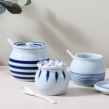 Amazon.co.jp: 調味料入れ 陶器 蓋付き スプーン 調味料ストッカー