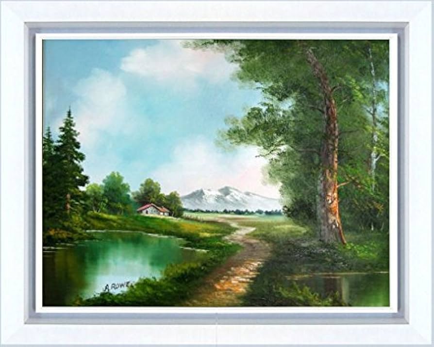 Amazon.co.jp: A・ROWE『小屋へ続く道(F20号)』油彩画 風景画 森林 池
