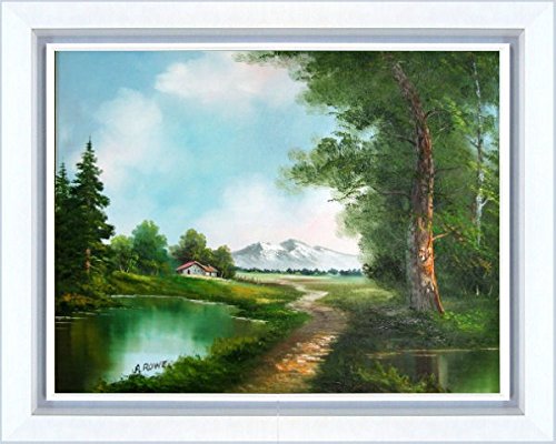 Amazon.co.jp: A・ROWE『小屋へ続く道(F20号)』油彩画 風景画 森林 池