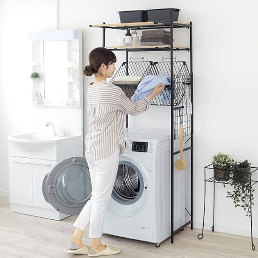 Amazon｜ランドリーラック バスケット 洗濯機 ラック バスケット付き