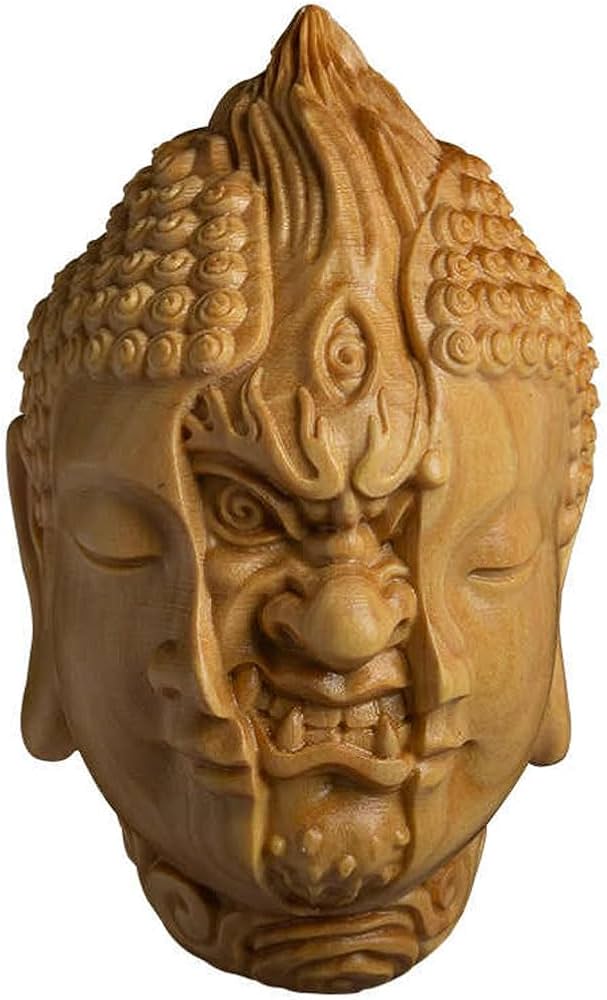 Amazon｜仏像 ミニ 一念の間 半善半悪仏像木彫り仏頭 仏魔如来 二面