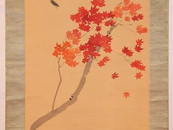 Amazon.co.jp: 【真作】松本楓湖「紅葉雀図」軸掛軸絹本共箱古画肉筆